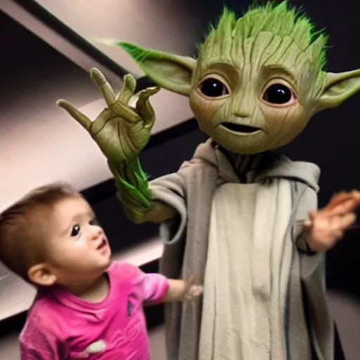 Prompt: Baby Groot high-fives with Baby Yoda