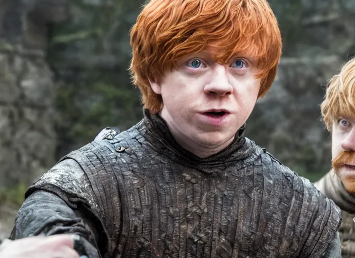 Prompt: hands - on ron weasley as thehnellor in game of thrones, attractive rupert grint as thehnellor in game of thrones, handsome portrait of the actor, live action film, cinematic photo, clear hd image