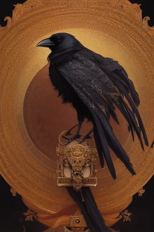 Prompt: painting of a crow god, decorated, intricate, elegant, highly detailed, digital painting, artstation, concept art, smooth, sharp focus, illustration, art by artgerm and greg rutkowski and alphonse mucha, 8 k