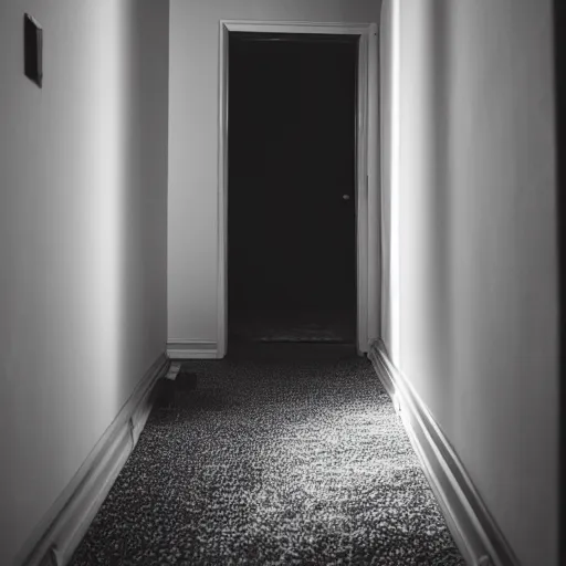 Prompt: view from the bed looking towards the hallway door at night with a shadow person standing at the door, photography