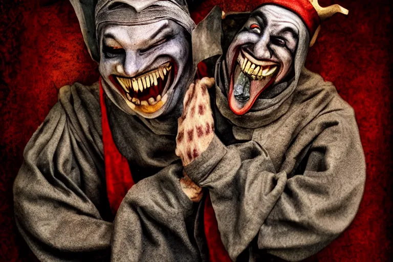 Image similar to medieval jester laughing, sinister, photograph, portrait, digital art,