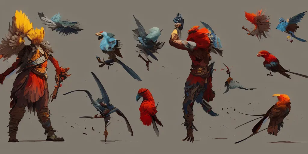 Prompt: bird fighter, character sheet, colorful, contrast, 3 d scene, greg rutkowski, zabrocki, karlkka, jayison devadas, trending on artstation, 8 k, ultra wide angle, zenith view, pincushion lens effect