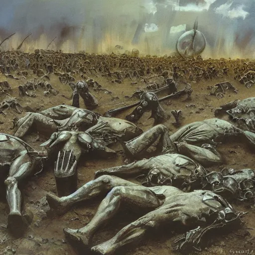 Image similar to oil painting of a ground covered in medieval silver soldier corpses, war, storm dawn, by Frank Frazetta, by Georgia O Keeffe sfumato, realistic