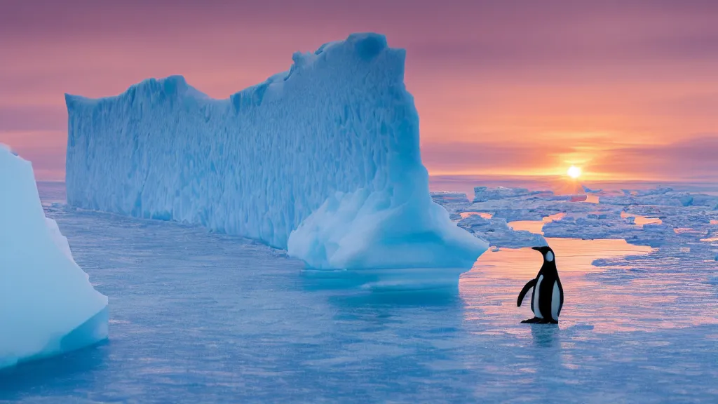 Image similar to photo of the most beautiful panoramic landscape, where a giant iceberg is lost in middle of the artic ocean, a giant penguin is exhaling steam while walking over the iceberg, there is nothing else, the artic ocean is reflecting the giant penguin over the iceberg and the ray lights of the sunset are brightening him, award winning photo, minimal style, by frans lanting