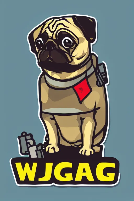 Image similar to Pug as war criminal, sticker, colorful, illustration, highly detailed, simple, smooth and clean vector curves, no jagged lines, vector art, smooth