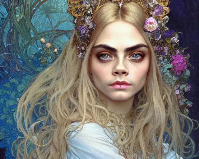 Prompt: highly detailed portrait of cara delevingne in the style of Nicoletta Ceccoli, by Alphonse Mucha, Ayami Kojima, Yoshitaka Amano, Charlie Bowater, Karol Bak, Greg Hildebrandt, Jean Delville, and Mark Brooks, 4k resolution