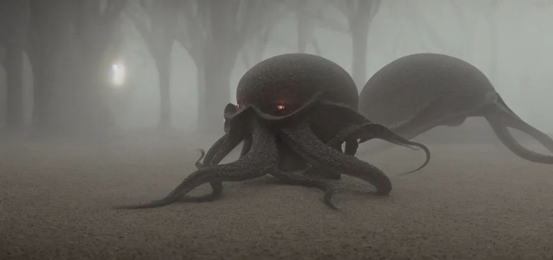 Image similar to an octopus in the shape of a skull, foggy, cinematic shot, photo still from movie by denis villeneuve, wayne barlowe