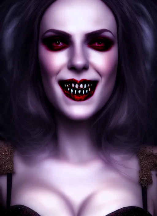 Prompt: realistic matte painting, full length portrait, the vampire duchess of blood owns las vegas at night, fangs, pale, confidant, highly detailed, CGsociety, concept art, HDR, hyper realistic, volumetric lighting, subsurface scattering, unreal,