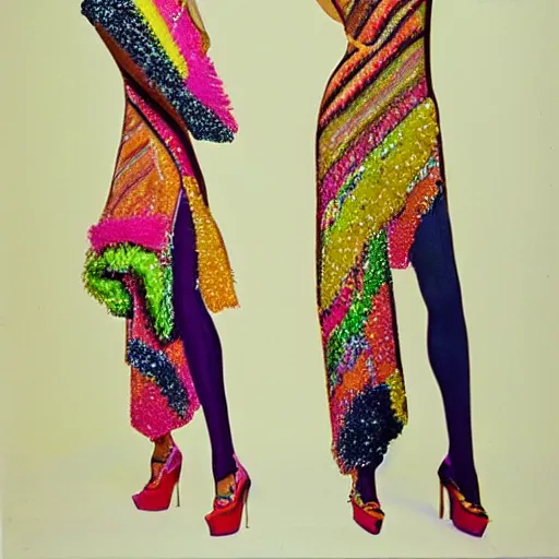 Image similar to high fashion outfit made of fabrics and crystals from a colorful desert society as drawn by antonio lopez and bil donovan