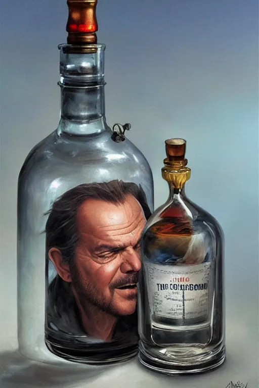 Prompt: a ship in a bottle but instead of a ship a young jack nicholson is in the bottle, jack nicholson, fancy whiskey bottle, masterpiece painting by artgerm and tom bagshaw and greg rutkowski