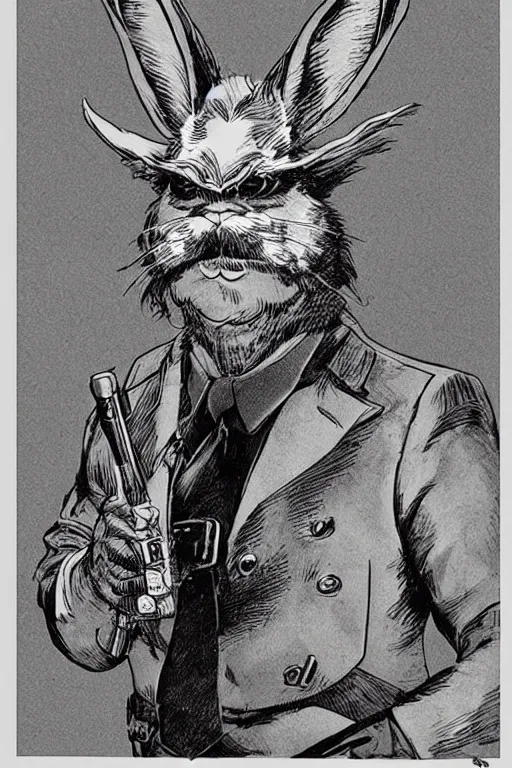 Image similar to vernon. Rabbit with mustache dressed as a sheriff. concept art by James Gurney and Mœbius.