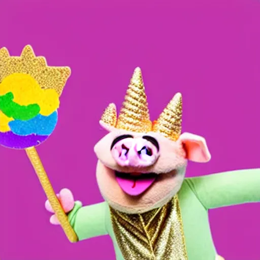 Image similar to studio photograph of a happy pig flying with wings with a unicorn horn depicted as a muppet wearing a gold crown eating pork rind snacks