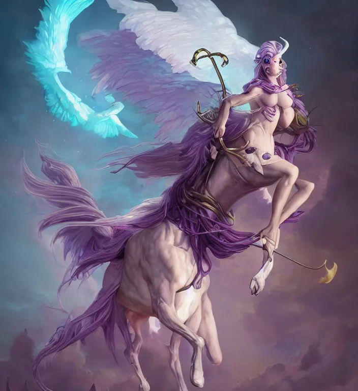 Prompt: a majestic female centaur with white wings and with a horn on the forehead and purple hair and elf ears, backlit, strong rim light, highly detailed, digital painting, by Alvaro Castagnet + Peter Mohrbacher + Dan Mumford + vivid colors + high contrast, 8k resolution, intricate, photorealistic, smooth