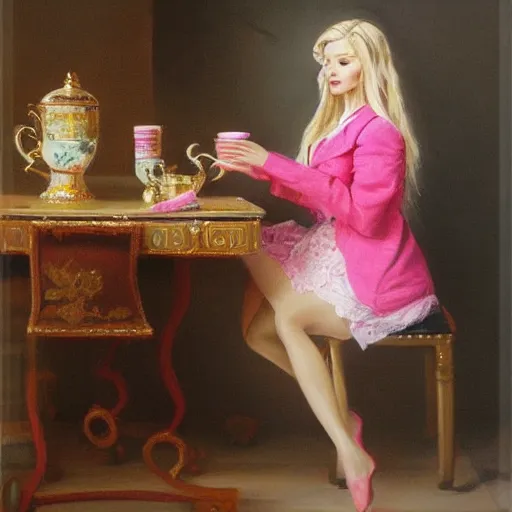 Prompt: highly detailed painting of beautiful russian girl with long blond hair playing a pink keyboard with a cup of tea, realistic,