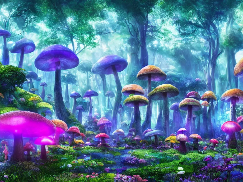 Image similar to a beautiful otherworldly fantasy landscape of giant luminous mushroom trees forming canopies, bright colorful magical mythical sprouted floral plants with pixie dust hovering with them and colorful foliage on the ground, like alice in wonderland, extreme detail, studio ghibli and pixar and abzu, rendering, cryengine, deep color, blue and green and purple bioluminescent