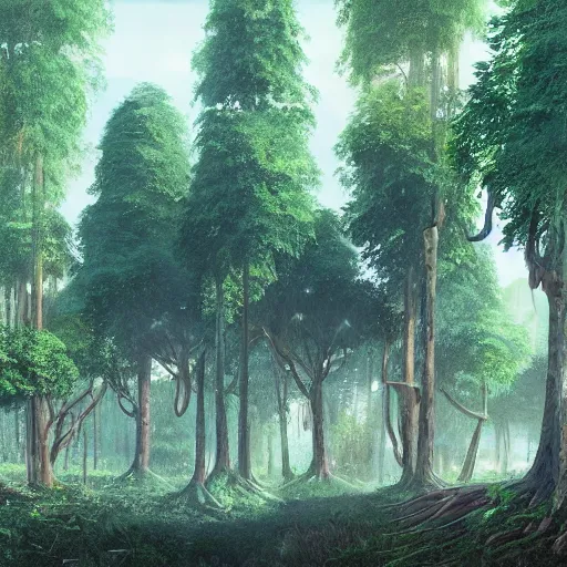 Image similar to concept art painting of a forest with treehouses made of trees and roots, doors and windows inside trees, vines, deep forest, realistic, detailed, cel shaded, in the style of makoto shinkai and greg rutkowski and james gurney