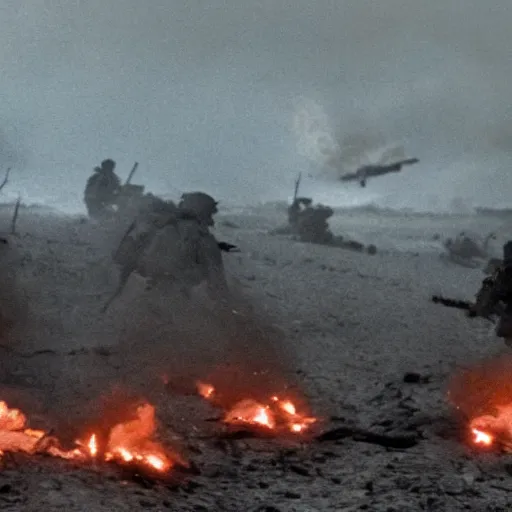 Image similar to american soldiers running at the camera during normandy beach landing with fiery explosions and debris all around them in the style of the movie lone survivor and saving private ryan, gritty, 4 k, cinematic lighting,