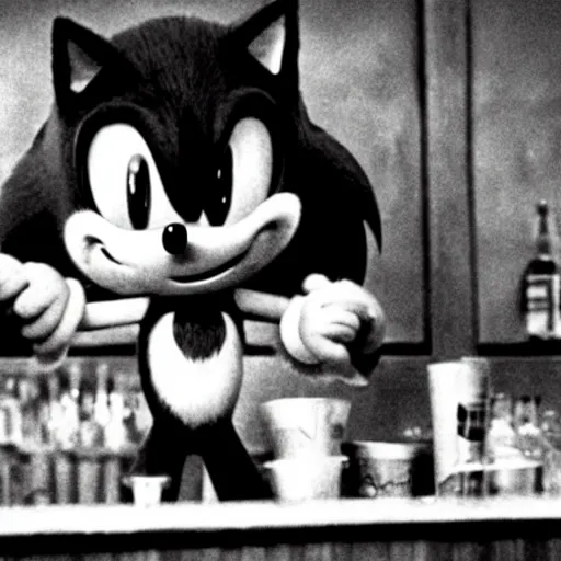 Image similar to photogram of sonic the hedgehog sitting at a bar, movie still