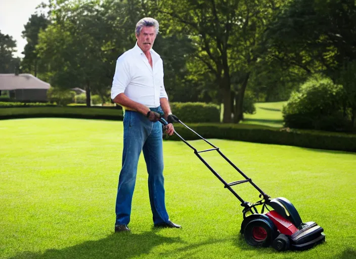 Prompt: pierce brosnan mowing the lawn, 8 k, 8 5 mm f 1. 8, studio lighting, rim light, right side key light