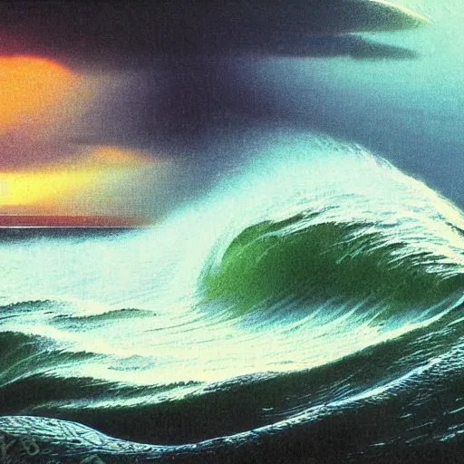 Image similar to typhoon at dusk in the style of Koginawa wave, by Bruce Pennington