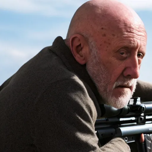 Image similar to Film Still of Mike Ehrmantraut aiming a sniper rifle, 8k, highly detailed