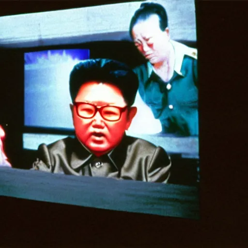 Image similar to A filmstill of Kim Jong-il looking upwards towards a movie screen projecting monster movies, cinemascope
