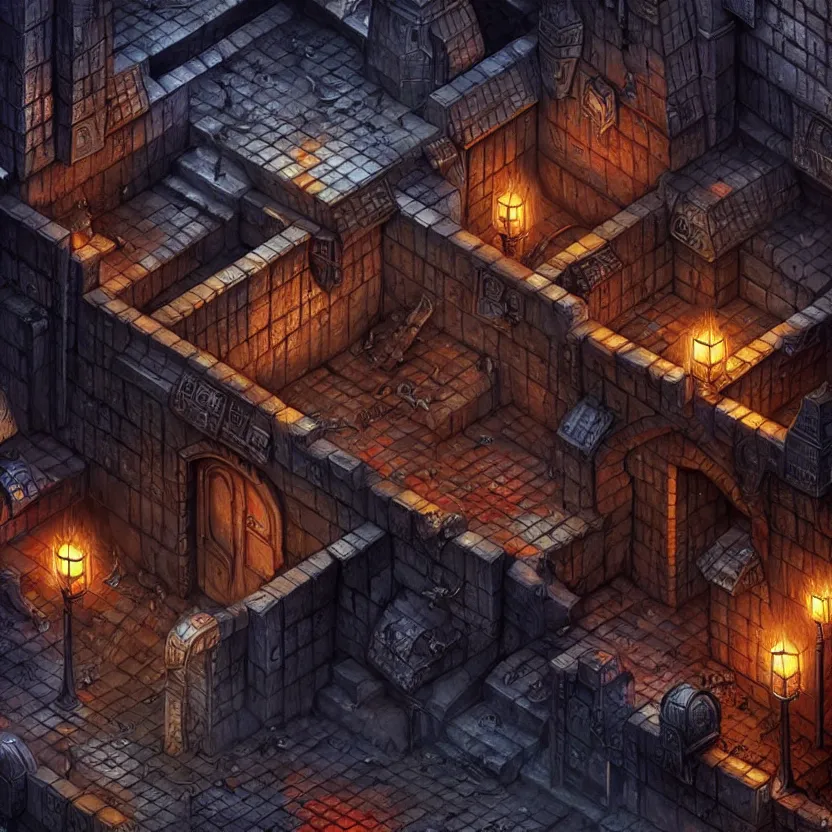 Prompt: closeup on the isometric game area of a dark city from baldur's gate, game art, intricate details, ultra realistic, by art germ, by gerald brom, fantasypunk, amazing d & d art, trending cgsociety, artstation, sharp