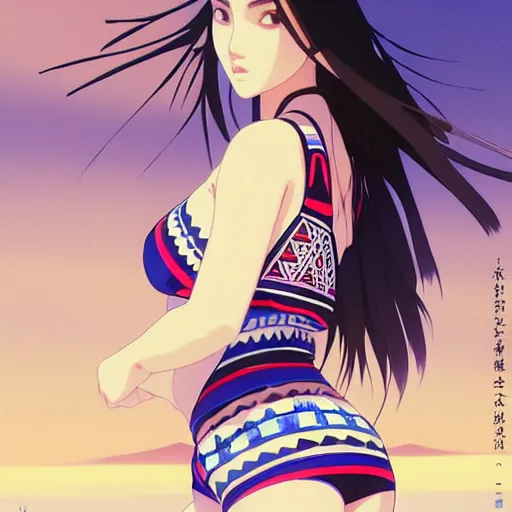 Image similar to a beautiful plus sized model japanese natalie portman, alluring plus sized model, wearing mayan leotard with elegant mayan apron overalls, street fashion hip hop style with mayan patterns, aztec street fashion, gapmoe yandere grimdark, trending on pixiv fanbox, painted by greg rutkowski makoto shinkai takashi takeuchi studio ghibli, akihiko yoshida