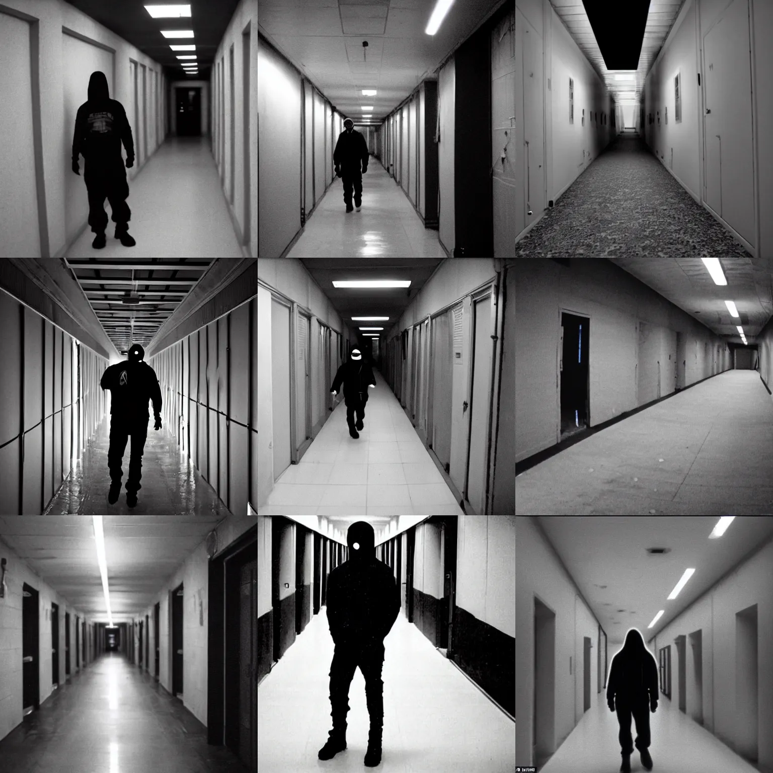 Prompt: endless hallway in area 5 1 found footage dark noisy lights a man wearing a black hoodie looking at the camera wearing a black mask