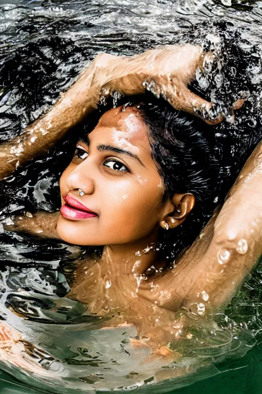Day scene, close up photo of a sexy indian, taking bath near waterfalls,  soaked in water, see through bra - SeaArt AI