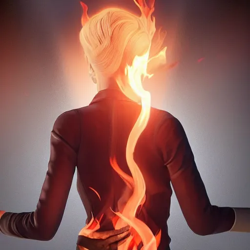 Prompt: during the end of the world beautiful young blonde woman from behind with flames in her hands, high detail, realistic, symmetrical face, art by unreal engine 5 art