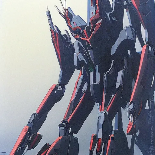 Prompt: a sleek, futuristic evangelion mecha, defending the vast looming city, designed by hideaki anno, drawn by tsutomu nihei, and painted by zdzislaw beksinski