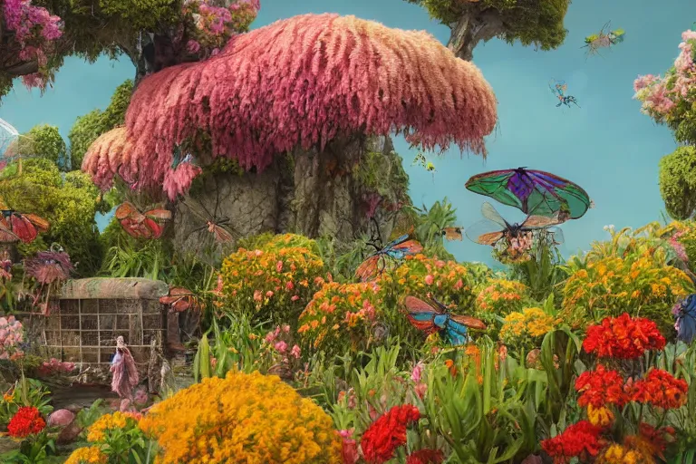 Prompt: super detailed color art, a lot of small garden flowers, A multiverse of insects, spiders and dragonflies, unreal engine, wes anderson color palette, 3d render, colorful, digital art