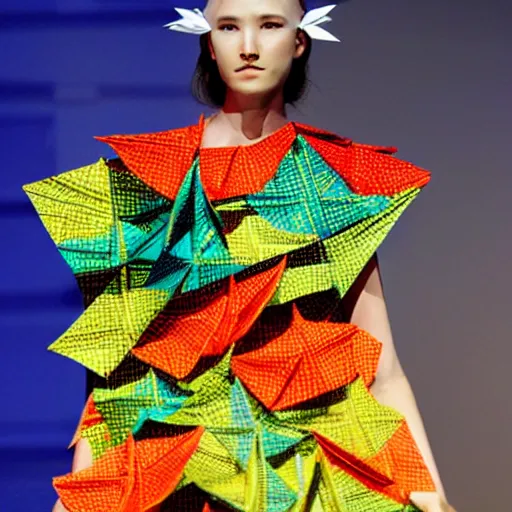 Image similar to beautiful model wearing origami - themed huge paper flower fashion runway by issey miyake