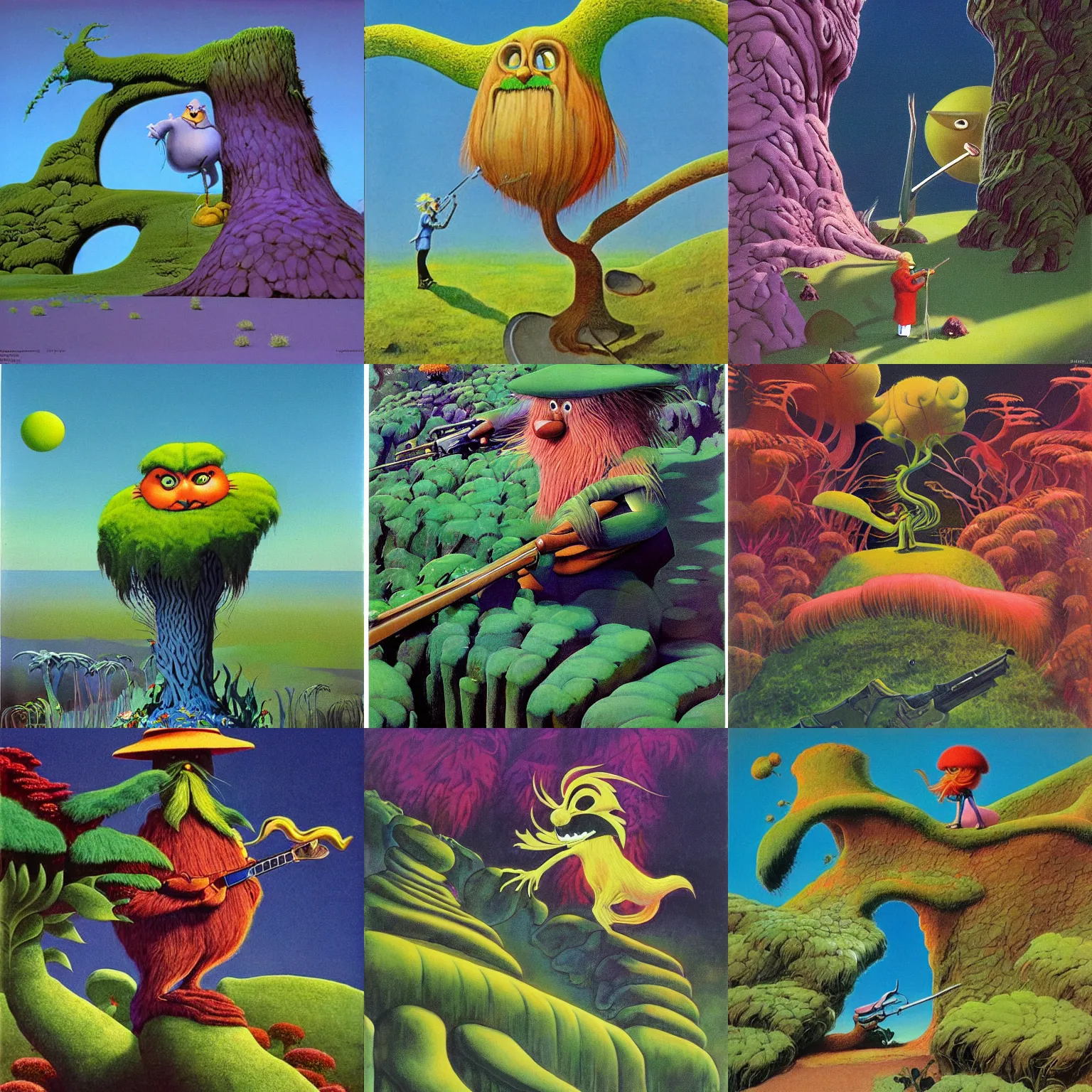 Prompt: art by roger dean. lorax with automatic riffle