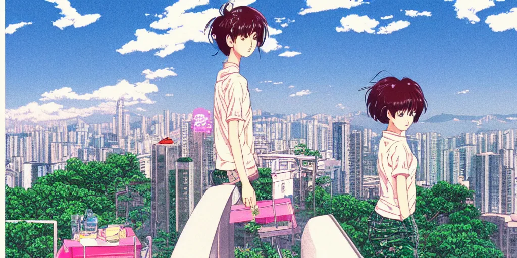 Image similar to girl smoking at rooftop overlooking hong kong, sprite, vaporwave nostalgia, directed by beat takeshi, visual novel cg, 8 0 s anime vibe, kimagure orange road, maison ikkoku, sketch by osamu tezuka, directed by makoto shinkai and beat takeshi