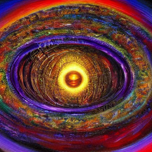 Prompt: alex grey oil painting of a black hole, hyper detailed, close up, intricate