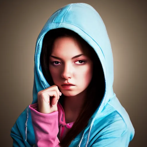 Image similar to highly detailed digital romantic painted portrait of a beautiful woman wearing a hoodie. moody and melanchony. sharp lighting. has a bit of cyan and pink.