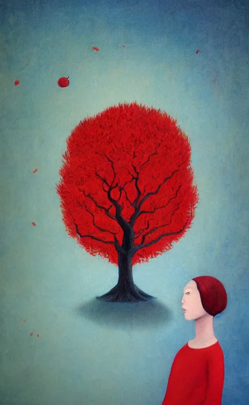 Image similar to girl with blue hair as a shaun tan painting the red tree illustration detailed painting