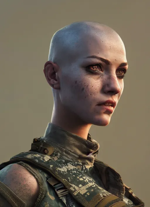 Prompt: A comic book style portrait painting of a female soldier with shaved head in a post apocalyptic setting, unreal 5, DAZ, hyperrealistic, octane render, RPG portrait, dynamic lighting