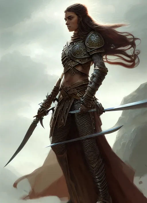 Image similar to Portrait of a female warrior, D&D fantasy, she has brown, mid-length hair, she has a serious expression, and is wearing armor and a cape. Intricate, highly detailed, digital painting, artstation, concept art, sharp focus, illustration, art by greg rutkowski and Ross Tran