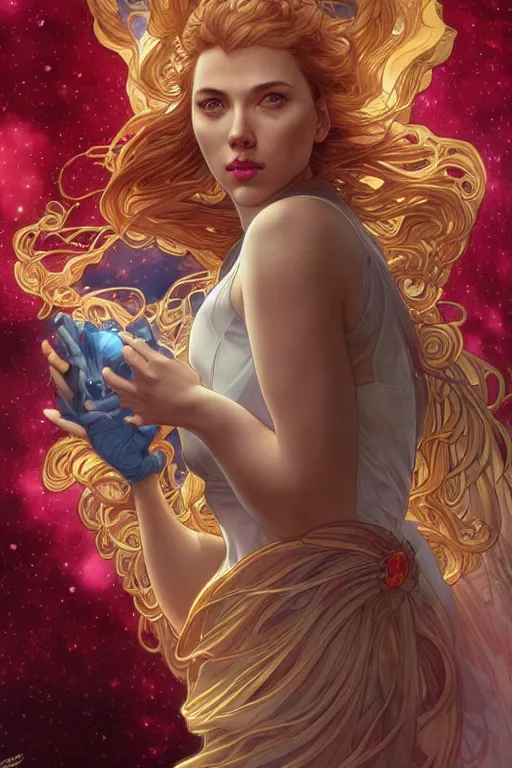 Image similar to celestial anthropomorphic puppy scarlett johansson, by artgerm and yoshitaka amano and moebius and alphonse mucha, hyperdetailed, dc comics, ornate, nebula, explosions in the sky, trending on artstation