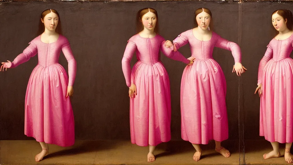 Prompt: portrait of twins wearing pink dresses, standing facing each other in front of a lightning storm, intricate details, high detail, renaissance style, super-flat, in the style of Jean Auguste Dominique Ingres, James Jean, punk, Asian art,