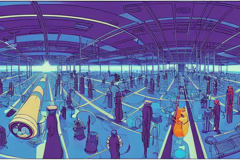 Prompt: a scifi illustration, factory interior. top down fisheye view. vats of fluid. and many workers. flat colors, limited palette in FANTASTIC PLANET La planète sauvage animation by René Laloux