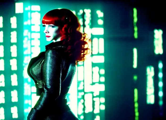 Prompt: filmstill of christina hendricks in bladerunner wearing a cyberpunk costume, 1 0 0 mm lens, canon eos, red cinema camera, frontal view, dynamic pose, intricate, elegant, highly detailed, centered, redshift, octane, smooth, sharp focus, zeiss lens,