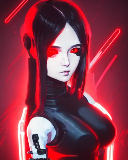 Prompt: a detailed potrait of a cyberpunk cyborg girl with black and red parts, perfect face, realistic shaded perfect face, detailed. night setting. very anime style. realistic shaded lighting poster by ilya kuvshinov katsuhiro, unreal engine, global illumination, radiant light, detailed and intricate environment, full length and white stockings