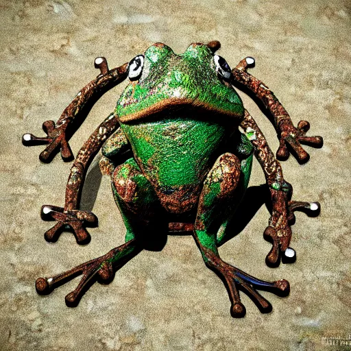 Image similar to frog made out of rusty gear, octane render