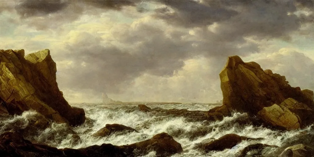 Prompt: landscape of a large island in a rough sea, well lit, detailed, cinematic lighting, pre - raphaelite, oil painting