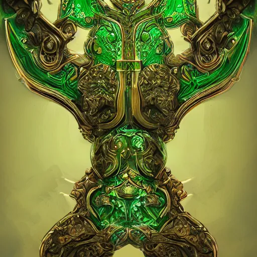 Image similar to symmetric, green fantasy sword, intricate, elegant, highly detailed, digital painting, 4k, HDR, concept art, detailed jewelry, smooth, sharp focus, illustration, matte finish, high contrast, 3d depth, masterpiece, vivid colors, artstationhd