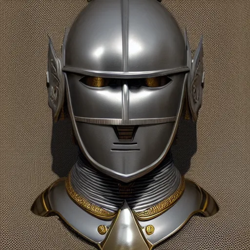 Prompt: bust portrait of a knight, high detail, silver, steel, helmet, ornate decoration, gold trim, octane, unreal 5